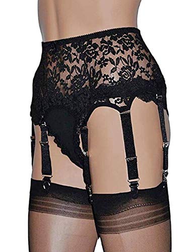 Springcmy Femmes Perspective 6 Bretelles Porte-Jarretelles Dentelle Ceinture pour Bas Cuisse Lingerie Vêtements de Nuit,Noir,M