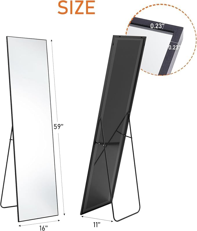 DUMOS Full Length Mirror with Stand Floor Standing Aluminum Frame for Bedroom Body Hanging Leaning Modern Simple Home Decor Shatter-Proorf Nano Glass Wall Living Room Cloakroom Black 59"x16"