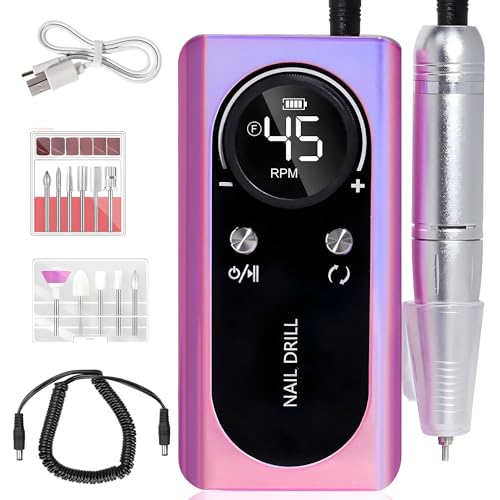 Image of Electric 45000RPM Nail Drill Machine Rechargeable Portable Nail File Electric DIY Nail Drill Kit with Smart LCD Screen for Gel Nail Manicure and Pedicure Reflective Body etc(Dazzle)