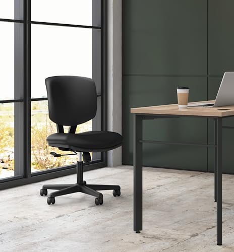 HON Volt Armless Office Chairs with Wheels, Ergonomic Adjustable Center-Tilt Recline, Fabric Back and Seat, Swivel Desk Chair, Black - Thumbnail 2