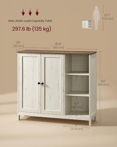 Image of VASAGLE Bathroom Floor Cabinet, Freestanding Storage Cabinet with 2 Doors and Adjustable Shelves, Organizer for Living Room, 35.4 x 11.8 x 31.5 inches, Rustic White and Honey Brown, Siren Collection | MDF Organizer, Adjustable Shelves, 35.4 x 11.8 x 31.5 inches, Rustic White and Honey Brown, SIREN Collection UBBK070WJ01S