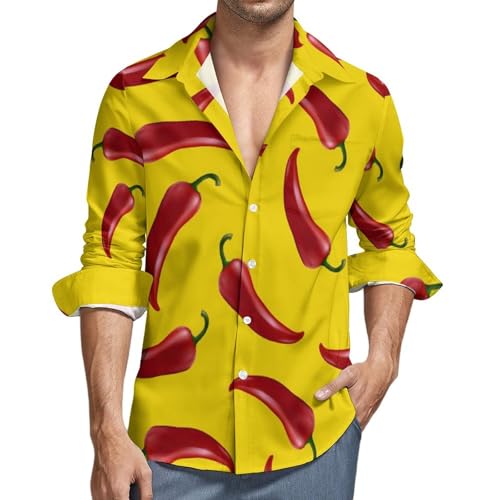 Long Sleeve Button Down Shirts for Men - Chili Pepper Print Yellow V-Neck Casual Button Up Shirt Men with Pocket