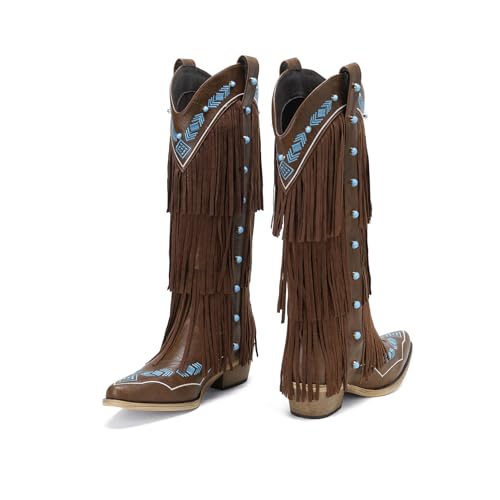 Women's Cowboy Boots with Knee High Triple Layer Fringe & Blue Gemstones | Western Fringe Cowgirl Boots | Embroidered Tassel Boots for Women 6