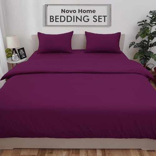Novo Home Bedding Set King with Fitted Sheet, Duvet Cover & 2 Pillowcases - Dark Purple Microfibre 4 Piece Bed Set