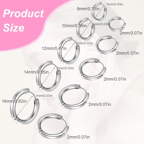 5 Pairs Solid Titanium Hoop Earrings Silver Small Stainless Steel Hoop Earrings 8mm 10mm 12mm 14mm 16mm Huggie Earring Hoops for Women Men2