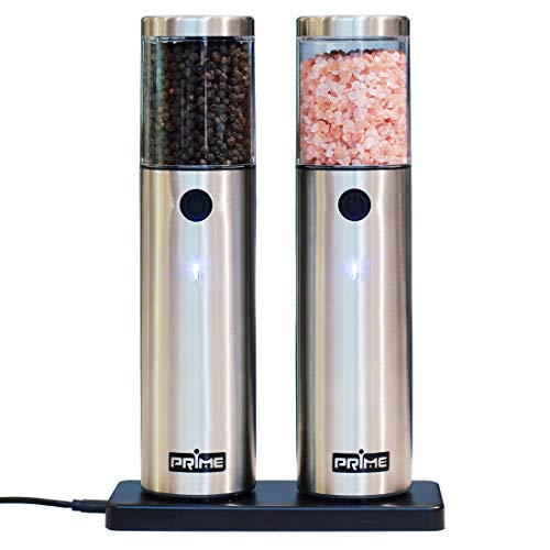 Prime Rechargeable Electric Salt and Pepper Grinder Set (Pack of 2 Mills), with Charging Base, USB Cable, Power Adapter| One-Touch Operation | Adjustable Coarseness | Blue LED Light | Stainless Steel