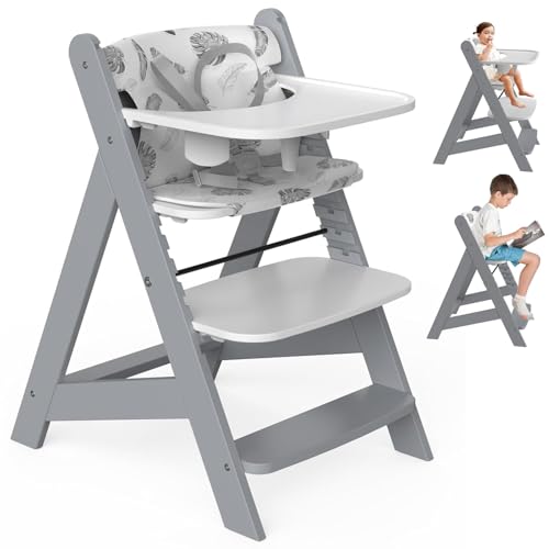 Image of HOMEKOL Wooden High Chair with Tray, Adjustable and Convertible for Babies and Toddlers, Water-Resistant Natural Wood, Ergonomic High Chair Grows with Kids, Grey