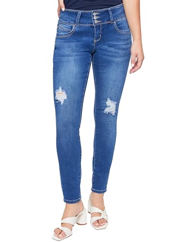 Image of Royalty For Me Womens YMI Jeans Women's Sustainable Wannabettabutt Skinny Jeans, Medium Blue Rips, 14 Short
