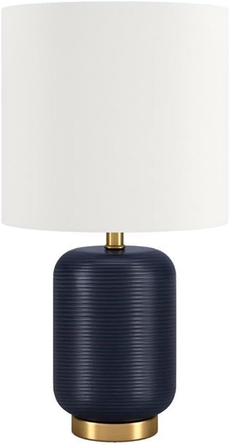 Pemberly Row Contemporary Mini Lamp, 8" Matte Navy Ceramic Base with Brass Accent, White Linen Drum Shade, Metal/Fabric Material, 6 ft Cord, 15" Tall, Bedside or Accent Table Lamp