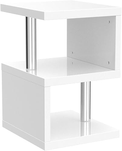 Miniatura 5 de Mesa auxiliar en forma de S para sofá, mesa auxiliar blanca con estante de almacenamiento abierto, LED, multiusos, moderna, de alto brillo, para