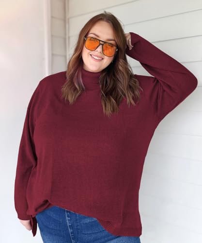 Image of CARCOS Plus Size Sweaters for Women Solid Turtleneck Sweater Long Sleeve Pullover Tops Casual Split Hem Knit Shirts