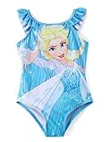 Disney Frozen Girls Swimsuits Elsa Print UPF 50+ One Piece Bathing Suits Ruffle Straps Summer Swimwear Blue Quick Dry for Toddler Girls Size 4-5T
