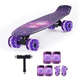 Kids Skateboard Set with Light-Up Wheels–Complete Beginner Kit Includes Full Protective Gear & Skate Tool–Ideal for Boys & Girls,Purple 22'