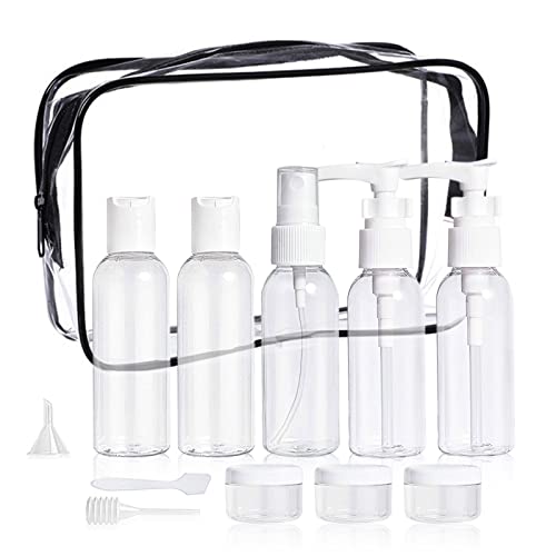 VIKSAUN 12 Piezas Botellas de Viaje, Bolsa de Cosmético, Juego de Botellas de Viaje con Bolsa de Aseo de Viaje Transparente, Contenedores de Viaje Recargables para Viajes, Cosméticos (Negro)