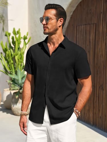 Runcati Mens Button Down Shirts Casual Short Sleeve Beach Shirt Summer Cotton Linen Lightweight Hippie Tops3