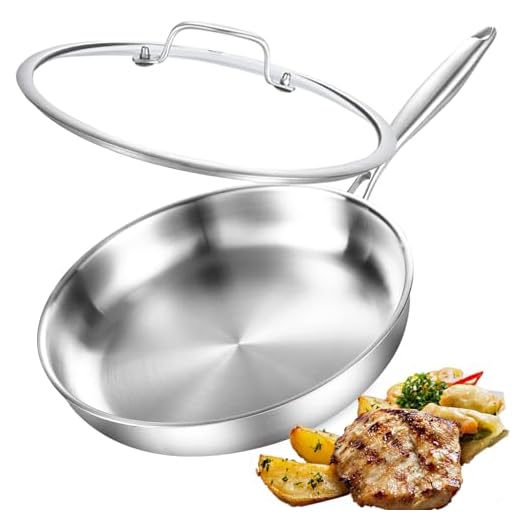 DELARLOCHEF Padella in acciaio inox a tre strati con coperchio,28 cm,non rivestita,padelle per induzione,pentole ad alta e ottima efficienza energetica per steak,uova,11 pollici