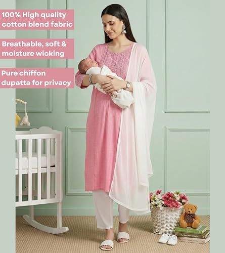 Image of DUMMY SHAPE Feeding Dresses for Women Full Set | Cotton Blend Floral Embroidered Kurta Pant Dupatta Suit with Nursing Zippers to Pre & Post Pregnancy | Gift for Pregnant Woman