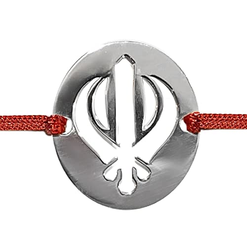 Image of Parnika 925 Silver Rakhi in Cotton Thread Silver Rakhi Bracelet For Brother in Pure 92.5 Sterling Silver for Boys and Men | Chandi ki Rakhi | With Roli Chawal (Khanda)