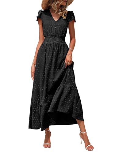 Image of CzzzyL Women Nursing Boho Maxi Dresses Cap Short Sleeve V Neck Swiss Dot High Waisted A-Line Ruffle Tiered with Pockets