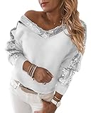 Shownicer Pullover Damen V-Ausschnitt Pailletten Oversized Pullover Strickpullover Schulterfrei Langarmshirt Tunika Lockere Oberteile Tops Weiß XXL