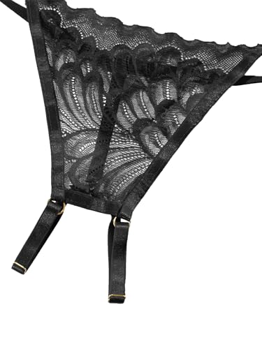 Image of Lilosy Women's Sexy Underwire Floral Lace Sheer Lingerie Set See Through Bra and Panty 4 Pieces Pasties Chain Black Large