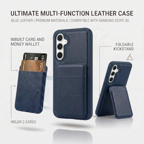 Image of amazon basics Premium Vegan Leather Back Cover with Card Holder and Integrated Mobile Stand for Samsung Galaxy S23 5G - Slim Shockproof Wallet Case with Geometric Stitching [Blue]