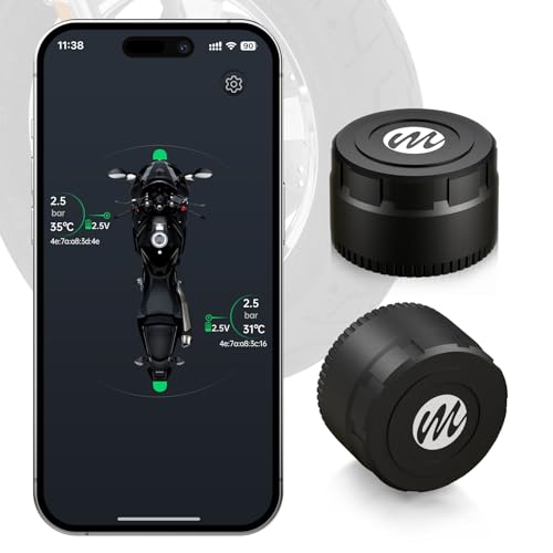 Moman Motorcycle Tire Pressure Monitoring System, Motorbike TPMS Sensors Set of 2, Tire Pressure and Temperature Alarm, Wireless Tire Pressure Sensor, Only Support iOS
