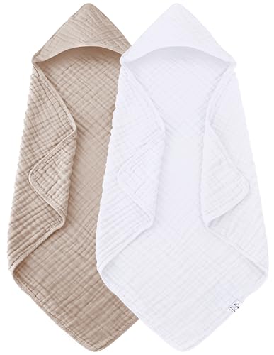 Image of Spotted Play 2 Pack Hooded Baby Towels - 100% Muslin Cotton for Newborns, Infants, Toddlers - Large 32x32Inch Size - Highly Absorbent and Essential for Newborn Care, White and Brown