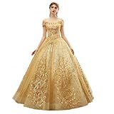 HAIBFJIN Robe longue de Quinceanera pour femme - Épaules dénudées - Tulle - Robe de bal - Robe de soirée avec applications en dentelle, or, 60