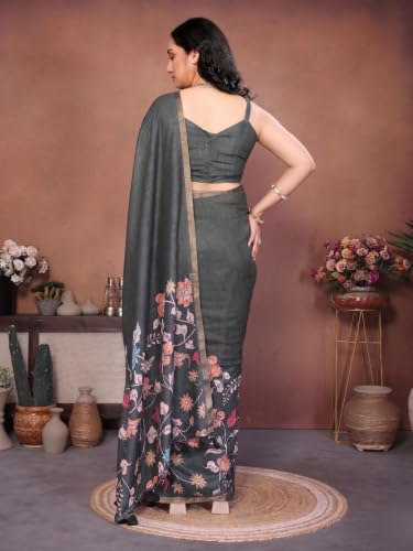 Image of SAMANTHA Black Floral Print Ready to Wear Linen Saree with Pocket & Adjustable Belt