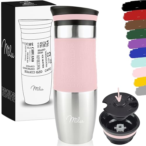 Milu Taza aislante de café y té para llevar 370ml 450ml - 100% a prueba de fugas - Taza de acero inoxidable para beber - vaso de aislamiento al vacío - Caliente y frío (Rosa, 450ml)