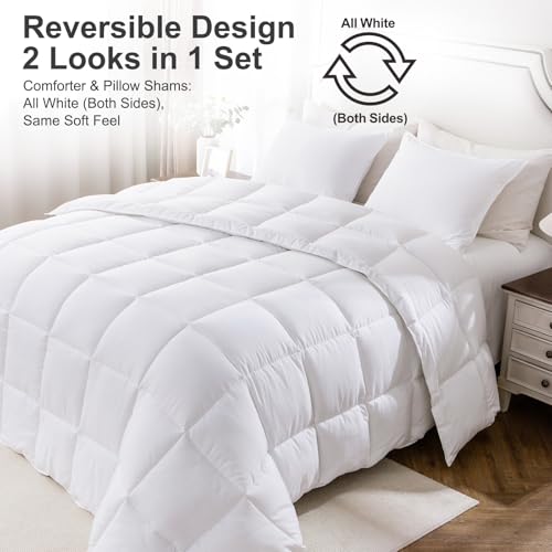 Image of KASENTEX Queen Comforter Set, Reversible,Goose Down Alternative,All Season | 250 GSM Fill, Ultra-Soft, Lightweight, Machine Washable, 1 Comforter + 2 Pillow Shams, White