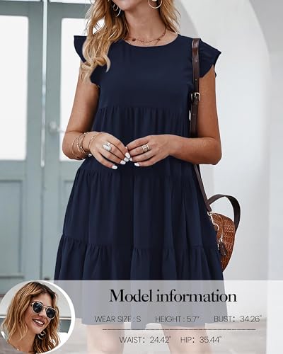 Image of KIRUNDO Summer Dresses for Women Sundress Sleeveless Ruffle Sleeve Round Neck Loose Short Flowy Pleated Mini Babydoll Dress