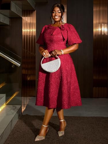 Image of AOMEI Women's Irregular Neck with Flower Short Puff Sleeve High Waist A-Line Jacquard Dress