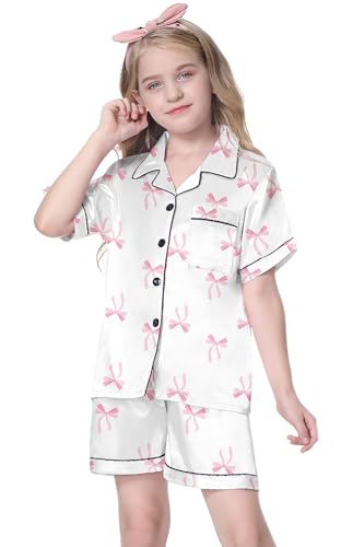 Image of Schbbbta Women Pajamas Set, 2 Pcs Satin Silk Pjs Button Down Sleepwear Soft Comfy Short Sleeve Outfits