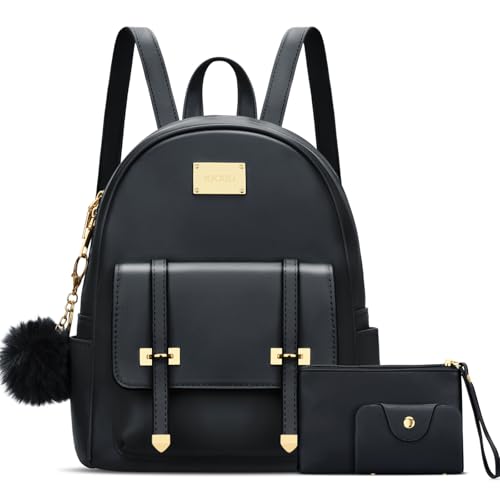 KKXIU Girls 3pcs Fashion Small Synthetic Leather Backpack Purse Cute Mini Bookbag for Women and Teens (Black)