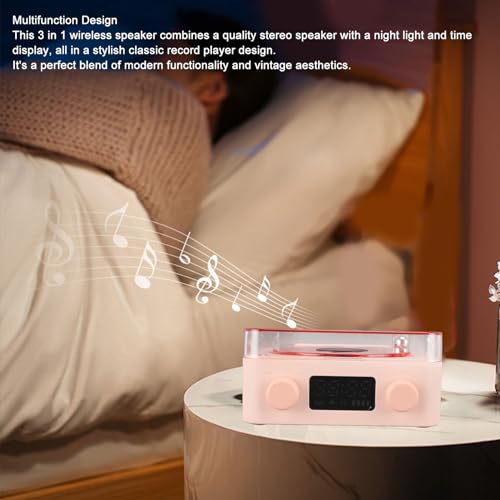 Vintage Record Player Style Bluetooth Speaker Cordless 3-in-1 Stereo Night Light Time Display Wireless Bedroom Office Party Gift Rose - Image 2