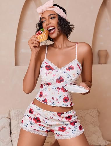 Image of Avidlove Women's Soft Ribbed Knit Cami Pajama Set Sexy V Neck Lace Trim Sleepwear Side Slit Shorts Lingerie Nightwear