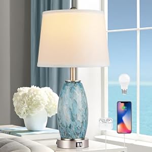 Glass Table Lamp for Bedroom & Bedside with 3-Way Lighting Modes & USB C+A – Coastal Modern Style Nightstand Lamp for Living Room & Bedroom Decoration (23.5″ H)