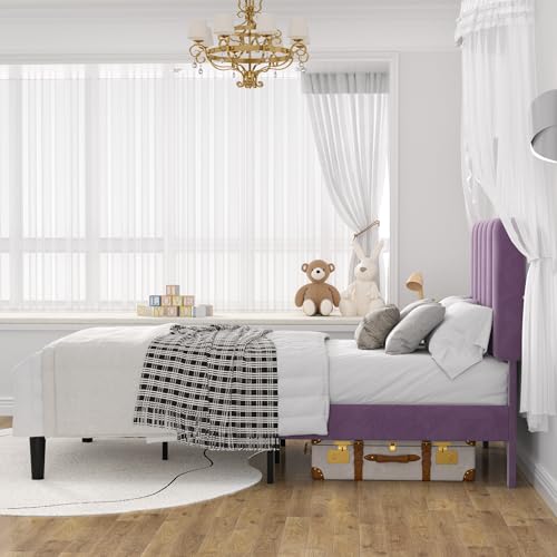 Image of VECELO Twin Size Bed Frame with Upholstered Headboard, Velvet Platform Bedframe Mattress Foundation, Strong Wood Slat Support, No Box Spring Needed,Purple