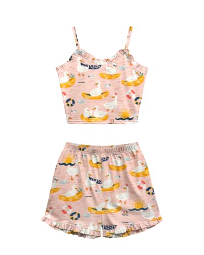 Cetieo Womens Pajama Sets 2 Piece Cute Ruffle Pjs Summer Lounge Tank Top Short Sets Loungewear (US, Alpha, Medium, Regular, Regular, duck-01) - image 4