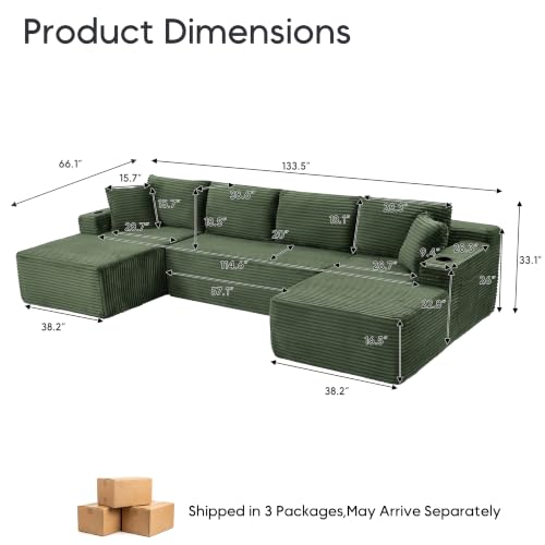 Image of 133 inch Oversized Cloud Boneless Sofa Couch with Chaise, Modern Corduroy U Shaped Modular Sectional Sofa with Deep Seat, Comfy Couch with Cupholders and Storage, No Assembly Required-Green