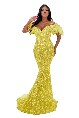 Image of Sequin Feathers Mermaid Prom Dresses 2026 Off Shoulder Sparkly Long Formal Evening Party Gowns with Train