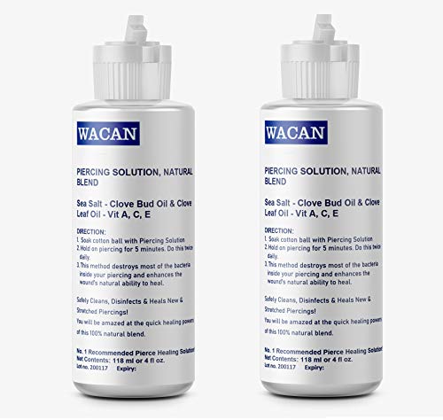 WACAN FAST-HEALING BROAD APPLICATION SALINE SOLUTION FOR PIERCINGS ORGANIC DRUG-FREE Natural Sea Salts & Clove and Vitamins Piercing Aftercare Piercing Solution (4 oz, pk of 2)