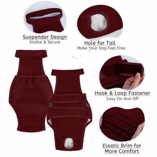 Image of Lelepet Female Dog Diapers with Suspenders, Washable & Reusable Wine Red | Adjustable and absorbent dog diapers for heat cycles, incontinence, and senior dogs. Comfortable all-day fit. Pet panties