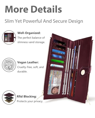 Image of Women's Slim Wallet,Thin RFID Card Holder with Zipper Pocket | 12 Slot Wallet Organizer, Large Capacity, Vegan Leather, Coin Purse, Cash Compartment, Travel Wallet, Women Gift