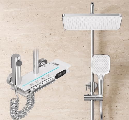 Image of X-XONIER Thermostatic Shower Panel 4 in 1 with Temperature Display 3 Ways Hand Shower Led Light Digital LED Display Hot & Cold Mixer Overhead & Ambient Lighting Jet Spray White