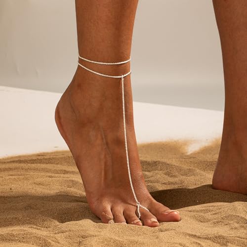 Image of Moodear Ankle Bracelets for Women No Tarnish - Trendy Waterproof 925 Sterling Silver Plated Glitter Anklets for Women Layered Foot Toe Link Chain Rings for Women Summer Anklet Dainty Jewelry Gift