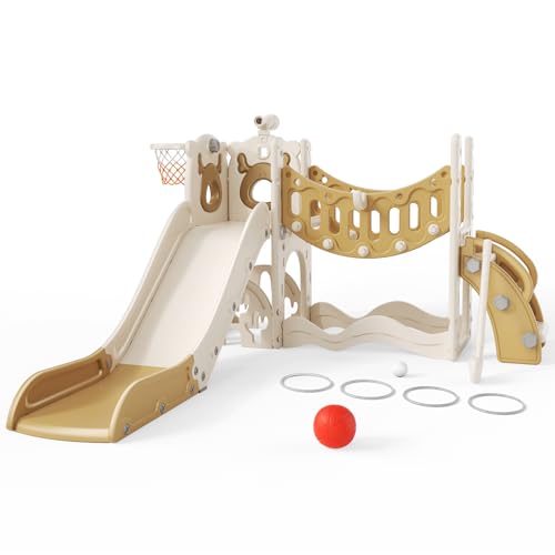 Toboggan pour enfants avec motif de Noël, toboggan pour enfants, avec set de golf, toboggan pour aire de jeux, utilisable à l'intérieur et à l'extérieur, autoportant (6 en 1 Active Khaki)
