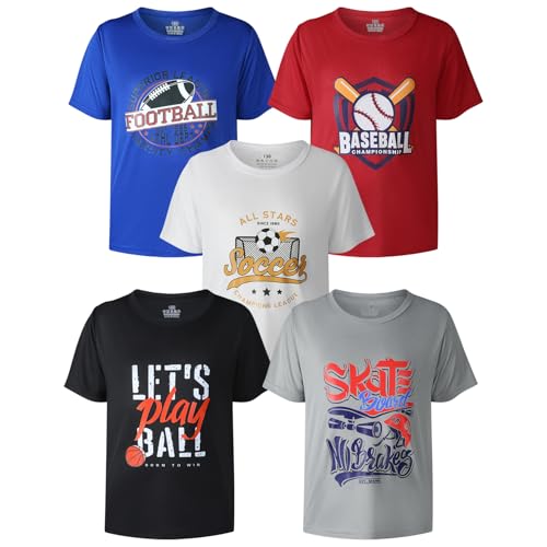 Boys' Sports Short Sleeve Crew Neck T-Shirts Kids Ball Print Tops Age for 4-14 Years 5-Pack